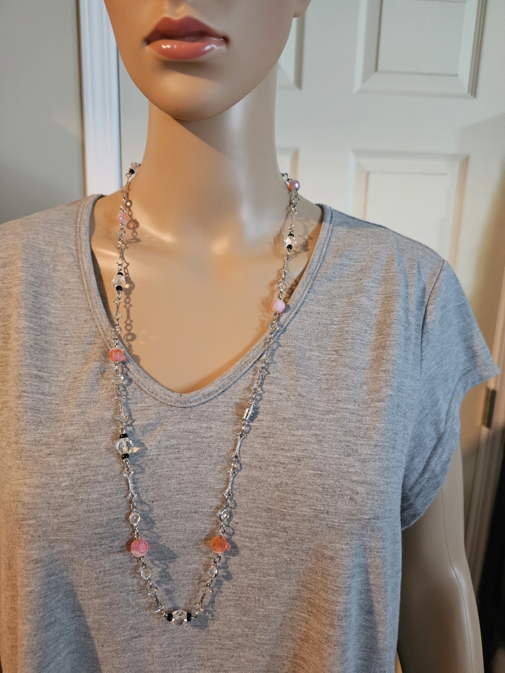 Silver Long Beaded Necklace with Pink and Coral Accents